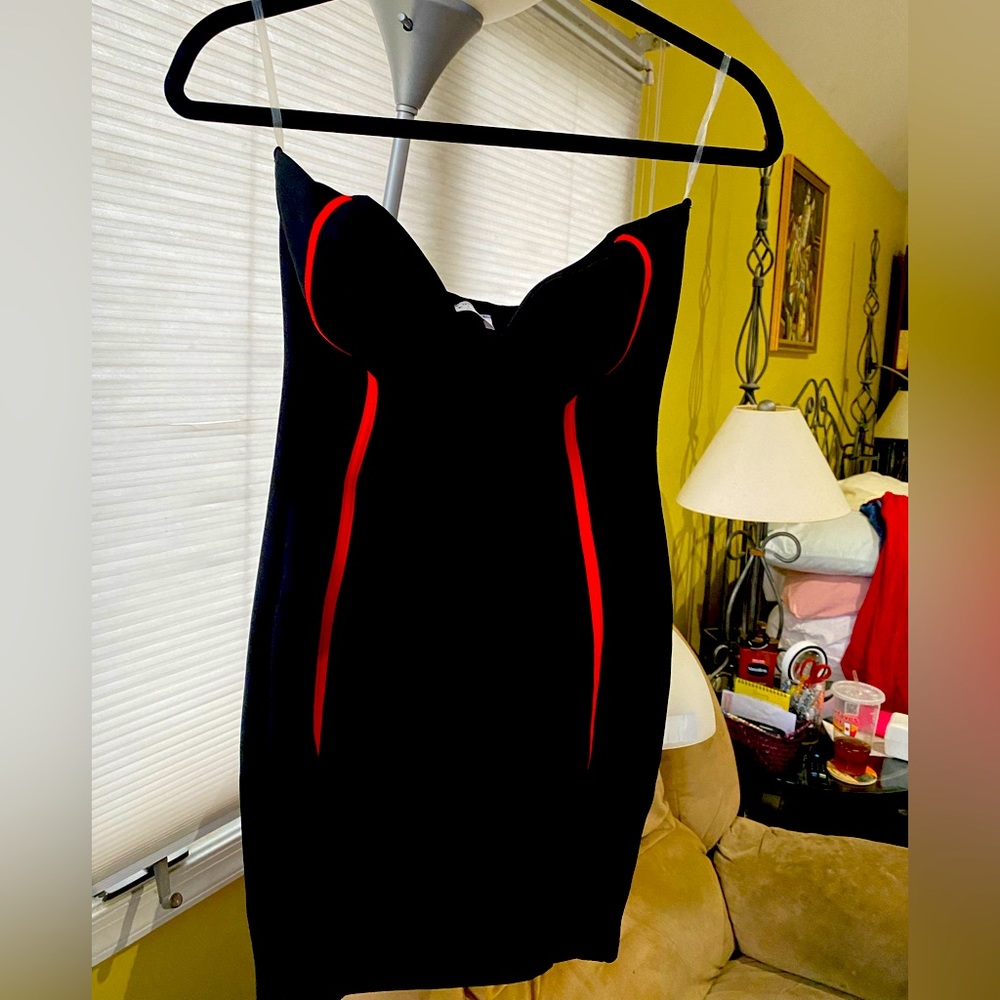 Mocking Jay black strapless dress with vertical red stripes
